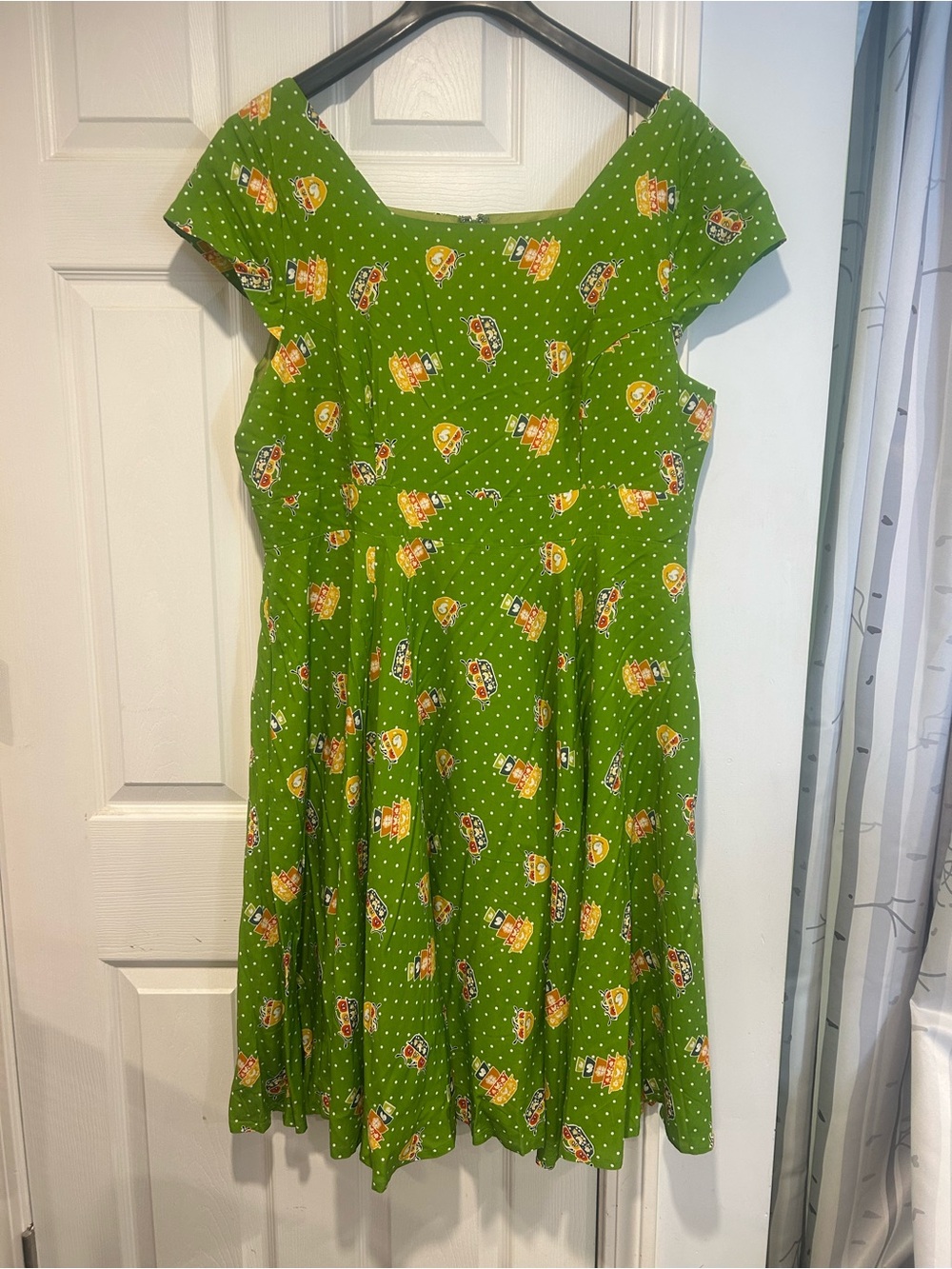 Green Polka Dot Fit-and-Flare Dress with Novelty Print